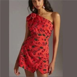 Maeve by Anthropologie Cherry Print One-Shoulder Mini Dress  Size 2 Cherrygirl